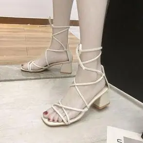 卓诗乐交叉绑带凉鞋女2023年新款系带罗马鞋ins潮仙女风粗跟高跟