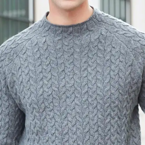 100%羊毛个性织花圆领男士羊毛衫男士针织衫男式毛衣