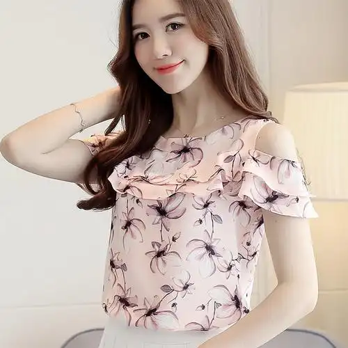 雪纺漏肩上衣碎花荷叶边百搭小衫超仙短袖女t恤