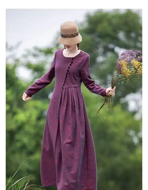 【高端品质】渡烟凡民族风紫色亚麻连衣裙女秋冬加厚长裙文艺复古典雅