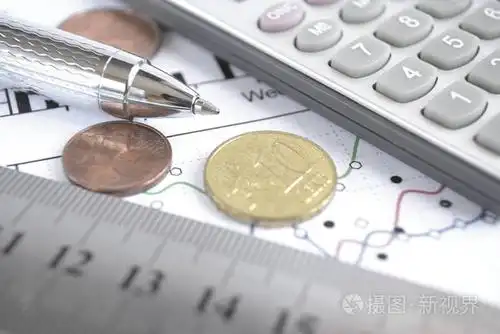 财务背景与金钱计算器,标尺图和笔.