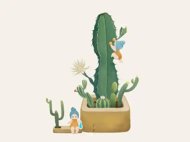 仙人掌盆栽——简约q版植物插画练习|插画|创作习作|小肉羊 - 原创