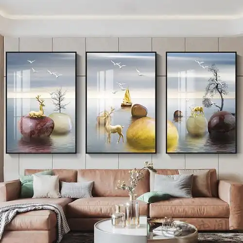 一帆风顺壁画三连时来运转墙壁挂画墙上沙发客厅装饰画现代装饰画