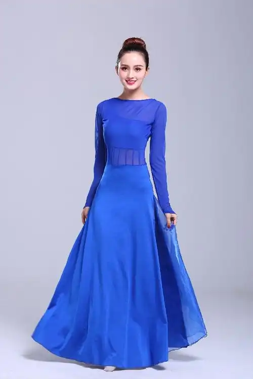 现舞演出服飘逸蓝色长裙修身白色舞台合唱表演服装大摆连衣裙女蓝色s