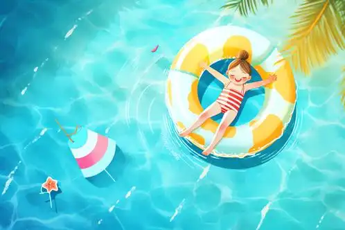 卡通风夏日炎炎扎丸子头的可爱女孩躺在游泳圈上插画
