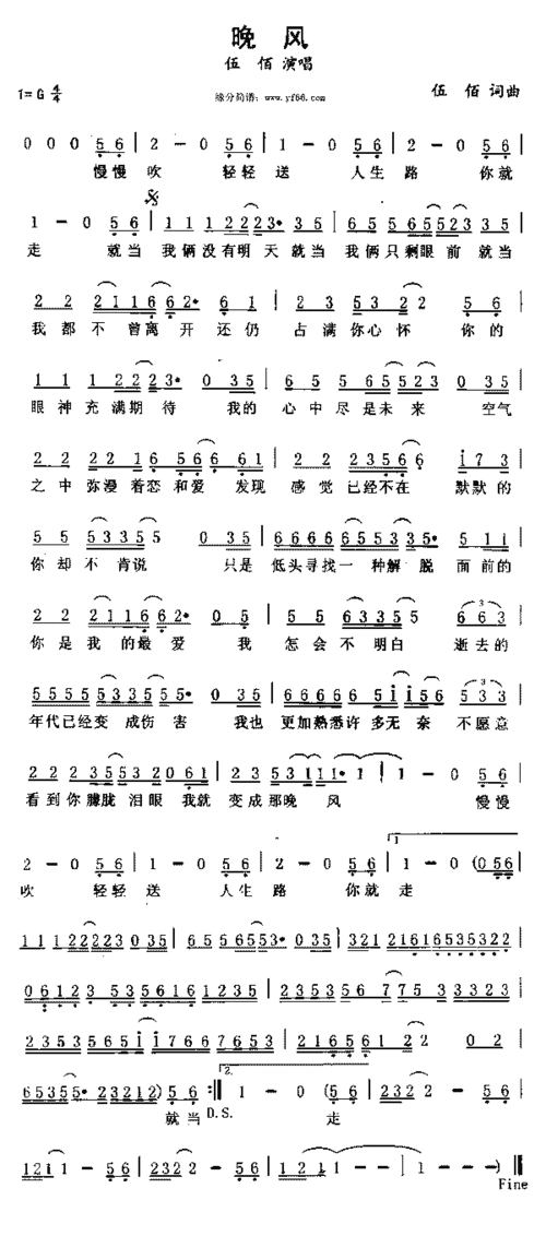 伍佰晚风简谱,伍佰晚风歌谱,伍佰晚风歌词,曲谱,琴谱,总谱