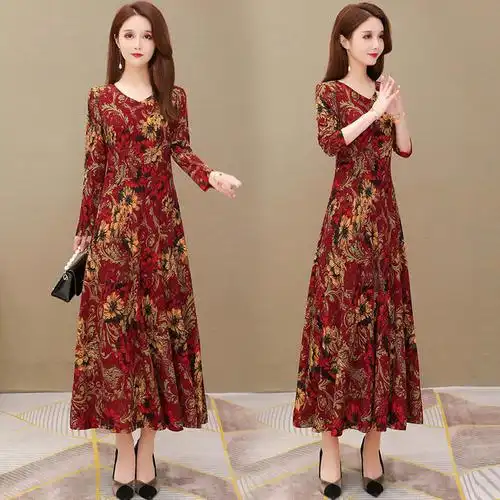 女装连衣裙过膝气质裙显大摆印花春秋装长款清仓连衣裙