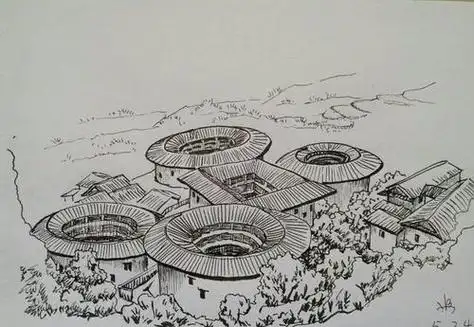 客家民居的房屋简笔画