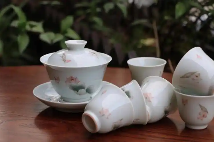 釉中彩手绘荷叶莲花经典款7头盖碗泡茶茶具