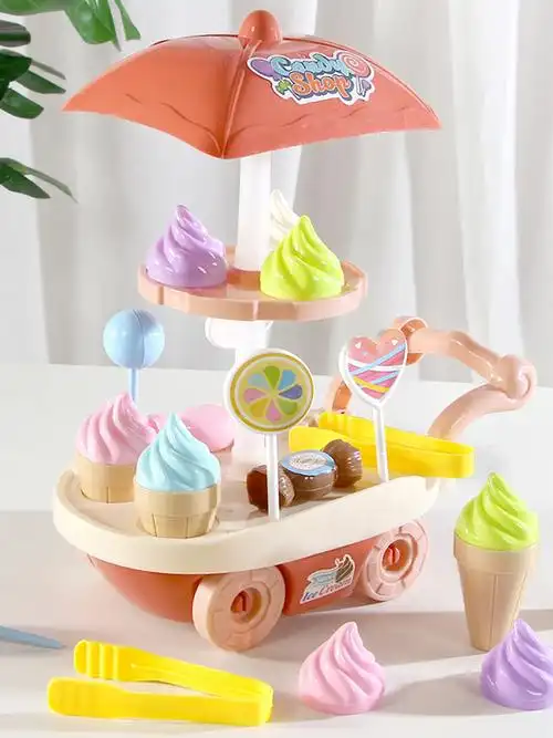 冰淇淋推车地摊玩具女孩迷你冰淇淋车过家家玩具糖果车雪糕车套装