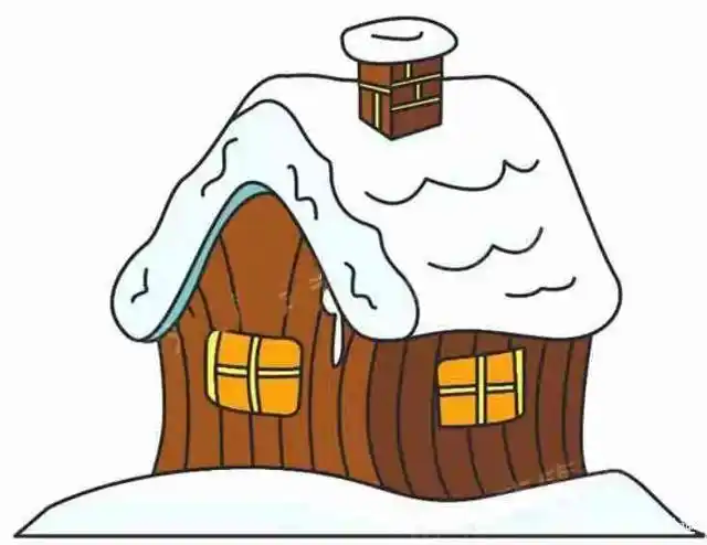 简笔画>生活第一步:先画出雪屋的烟囱,画出铺满雪的屋顶.