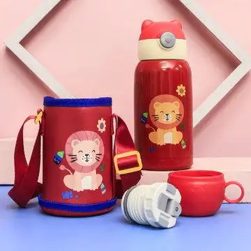 316儿童保温杯带吸管水杯子上学专用女孩男童宝宝小学生可爱水壶红色