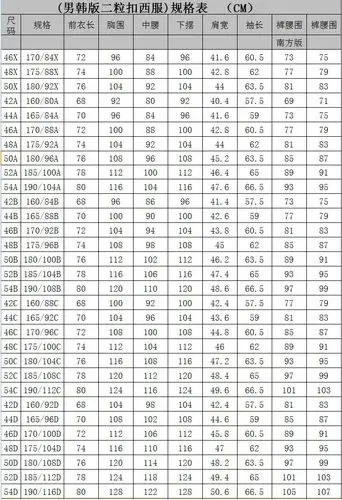 男士西服尺码表(34个码)