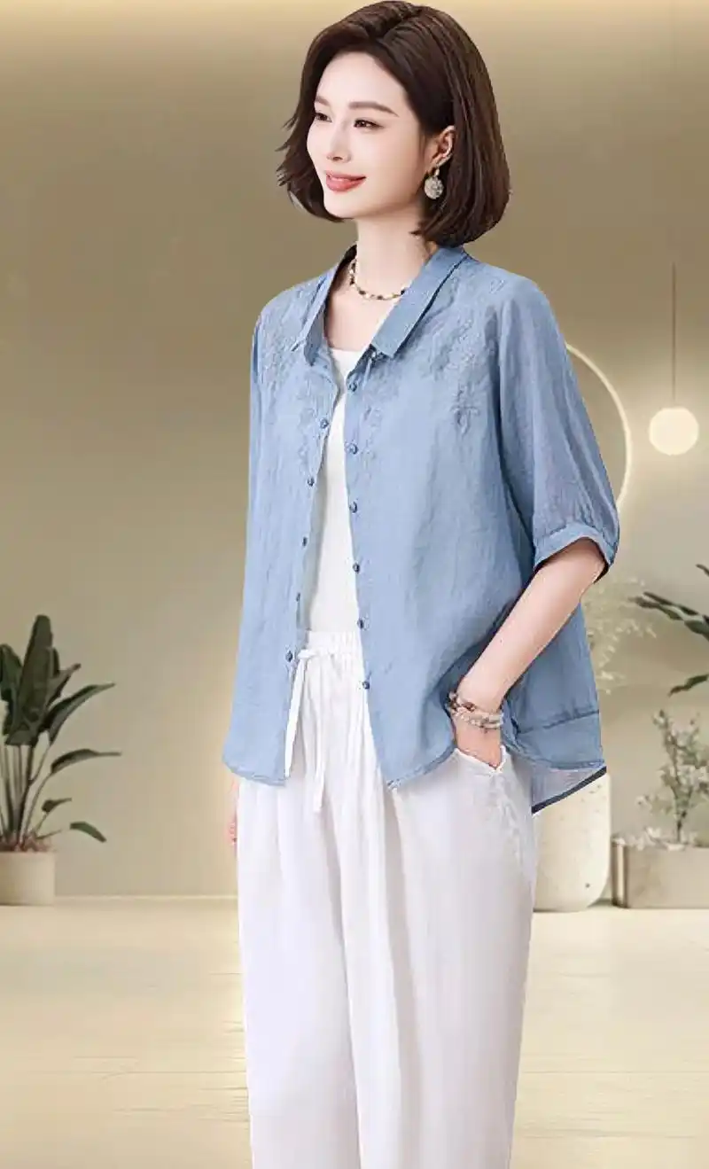 新款棉麻上衣中年妈妈洋气减龄高端苎麻衬衫