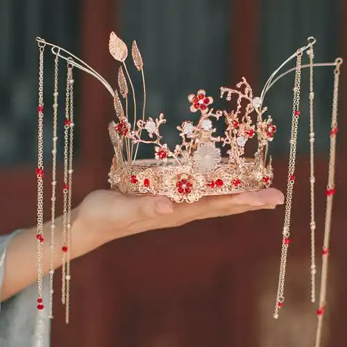 汉服头饰流苏花神发冠步摇女古装秀禾发饰品古风束发新娘盘发凤冠