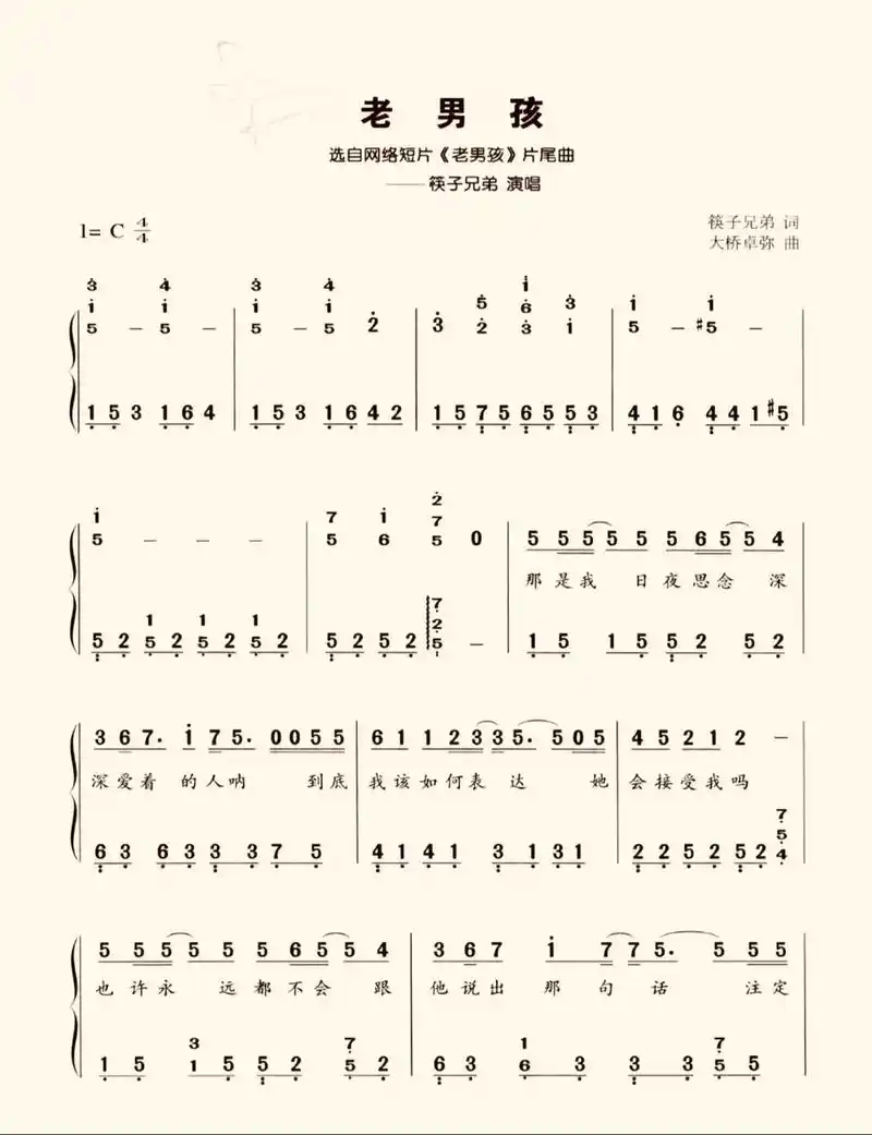 流行钢琴曲《老男孩》双手简谱钢琴 c调 简单好听93 #钢琴 - 抖音