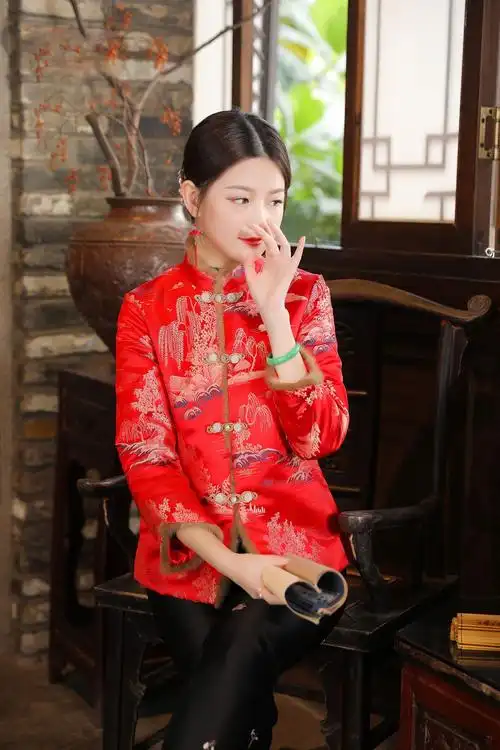 2021秋冬提花女上衣新中式复古改良唐装女国风对襟立领棉衣女外套