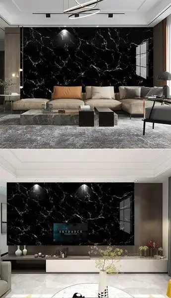 现代简约轻奢黑色大理石岩板电视沙发背景墙