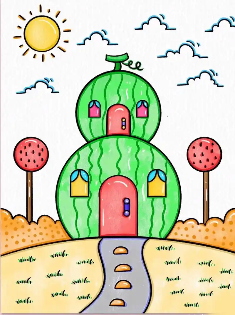 创意双层西瓜房子儿童画教程.