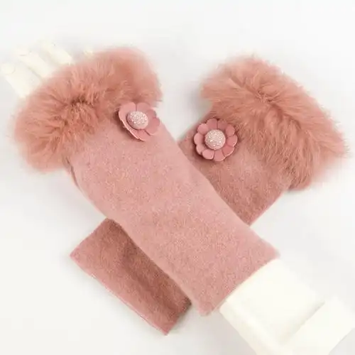 保暖羊毛女韩版可爱花朵露指半截长款兔毛手套