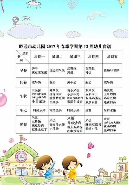 昭通市幼儿园2017年春季学期第12周幼儿食谱
