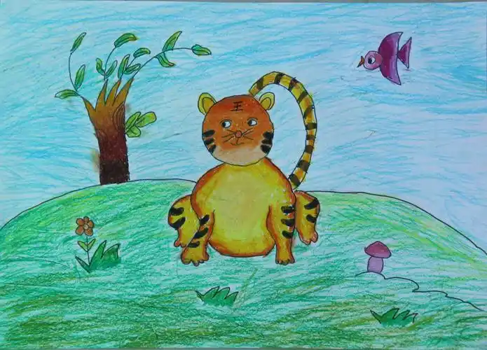 孤独的老虎儿童画老虎蜡笔画老虎