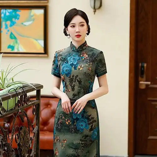 新款女装绿色立领长款时尚开叉短袖中国风旗袍  尺码:m-5xl码90318