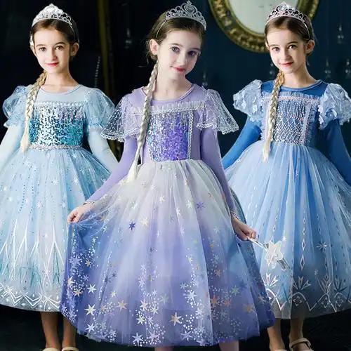 喜儿外贸童礼服的优惠券大全—秋冬女童冰雪公主裙爱莎紫色连衣裙万圣