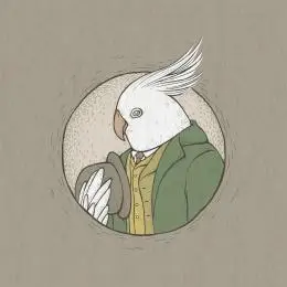 复古风格鸟类拟人插画,穿着大衣的巴丹鹦鹉