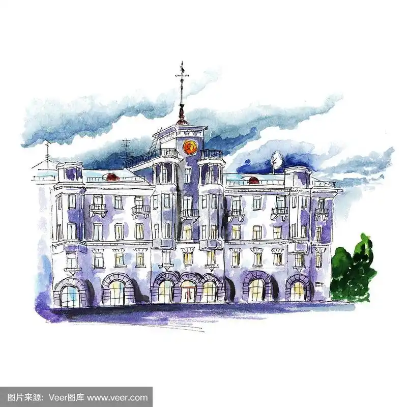 水彩画素描老房子尖塔时钟插图巴瑙尔市