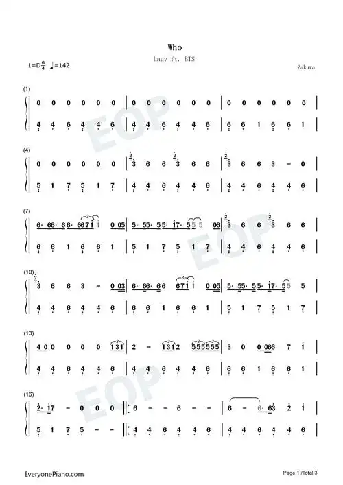 who-lauv ft bts双手简谱预览1