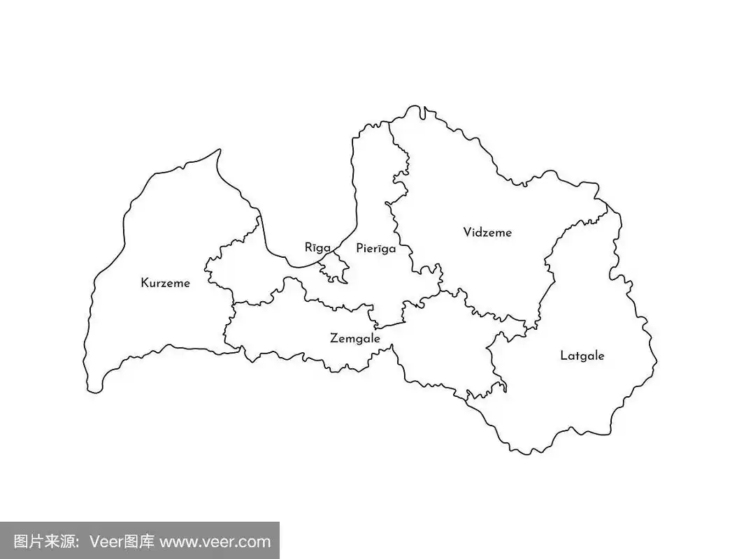 拉脱维亚简化行政地图矢量孤立插图.地区的边界和名称.黑色的轮廓线