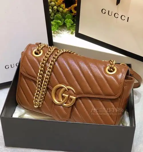 gucciggmarmont原厂皮中号斜背包古驰双g焦糖色经典款443497链条包