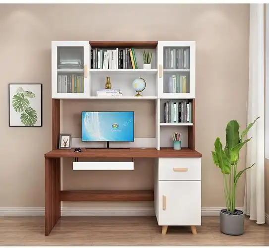电脑桌加书柜学习桌北欧书桌书架组合书柜一体简约家用学生学习桌电脑