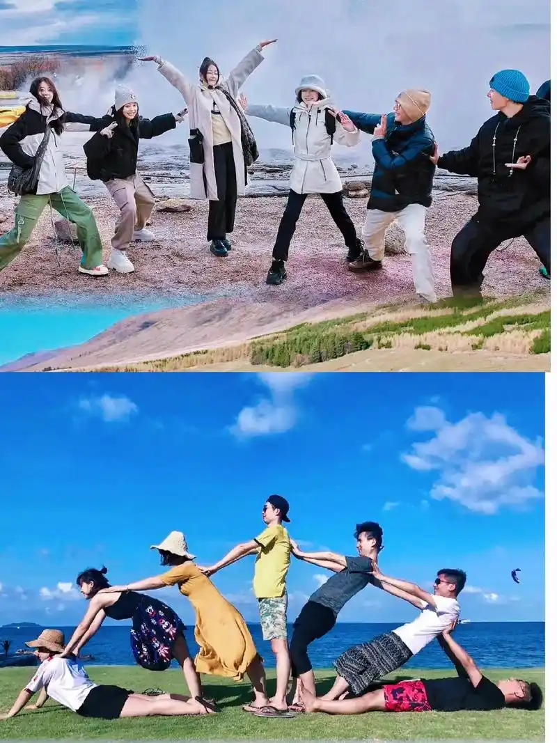 他们在旅行摄影和多人拍照姿势方面的独特风格,无疑成为了照片中的