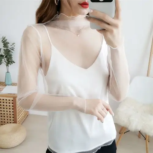 网纱白色透明打底衫女长袖薄纱高领黑色薄沙超薄透视性感内搭上衣