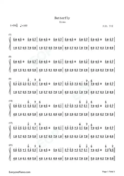 butterfly-deemo背景音乐双手简谱预览1