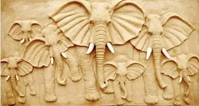 上海石创砂岩雕刻大象浮雕客厅玄关大堂背景浮雕砂岩大象装饰壁画