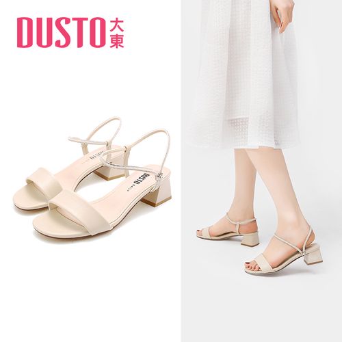 dusto大东22新款夏季中跟粗跟优雅简约一字带凉鞋水钻女鞋22x1629