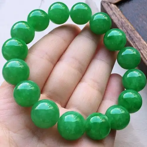 缅甸翡翠细糯种满绿圆珠手串