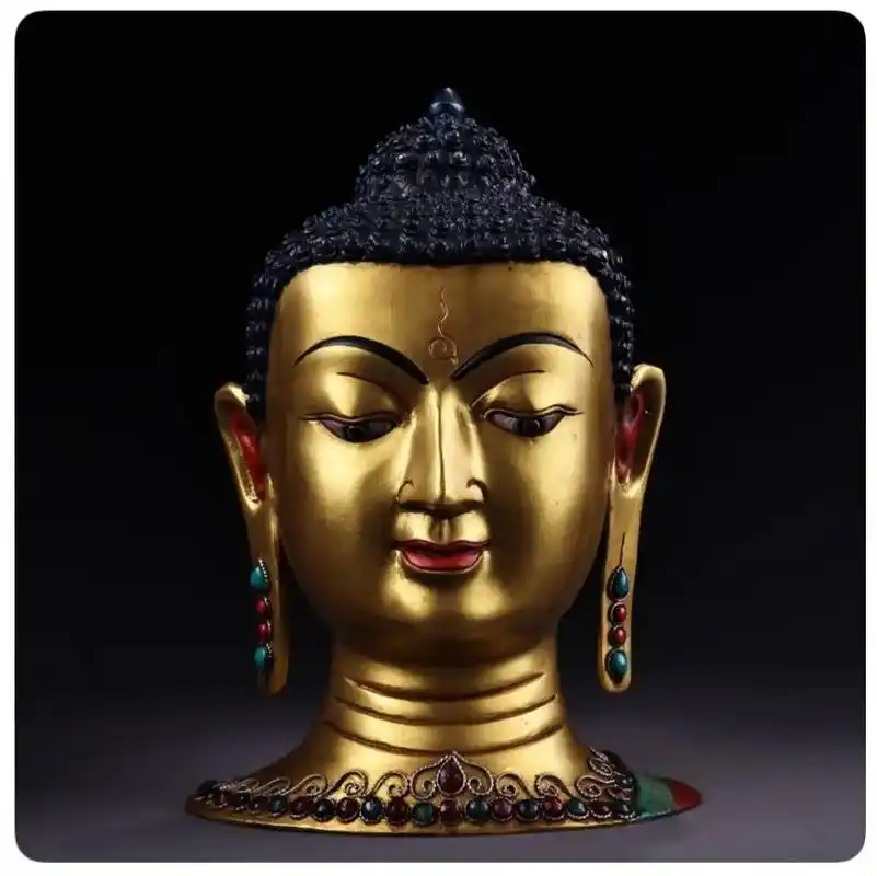 纯铜藏传工艺镶嵌宝石彩绘描金藏传释迦牟尼佛祖头像