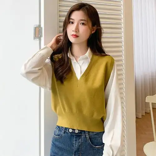 女式短外搭无袖v领针织坎肩马甲女秋冬毛衣背心马夹外套