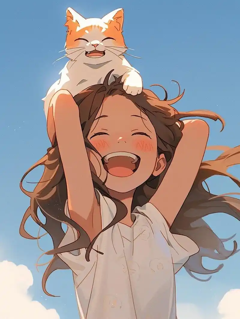【动漫女生头像】抱着猫开心大笑的女孩 阳光蓝天下, 笑的灿烂的女孩.