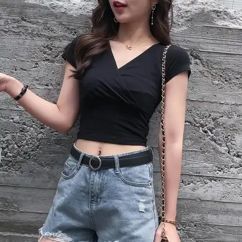 性感深v领交叉黑色t恤女短袖修身上衣低领短款漏肚脐打底衫露脐装
