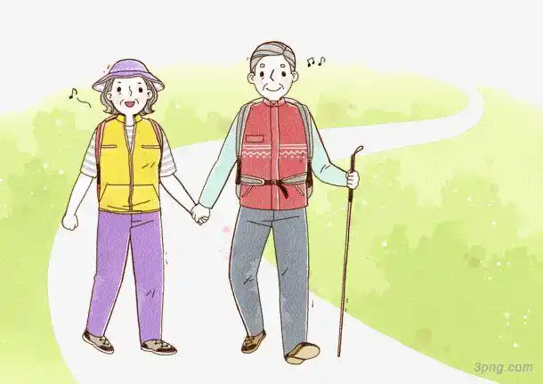 牵手散步在田野的老人