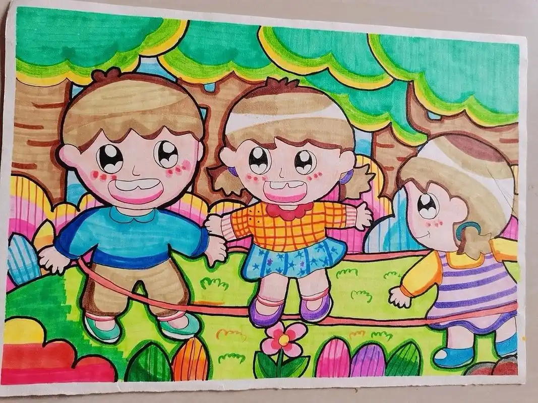 自创儿童画《一起做游戏》