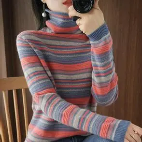 秋冬堆堆领新款毛衣打底衫女士羊毛拼色条纹高领宽松套头针织衫