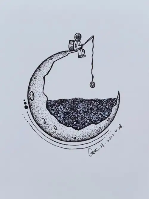 428宇航员垂钓黑白线描画创意简笔手绘