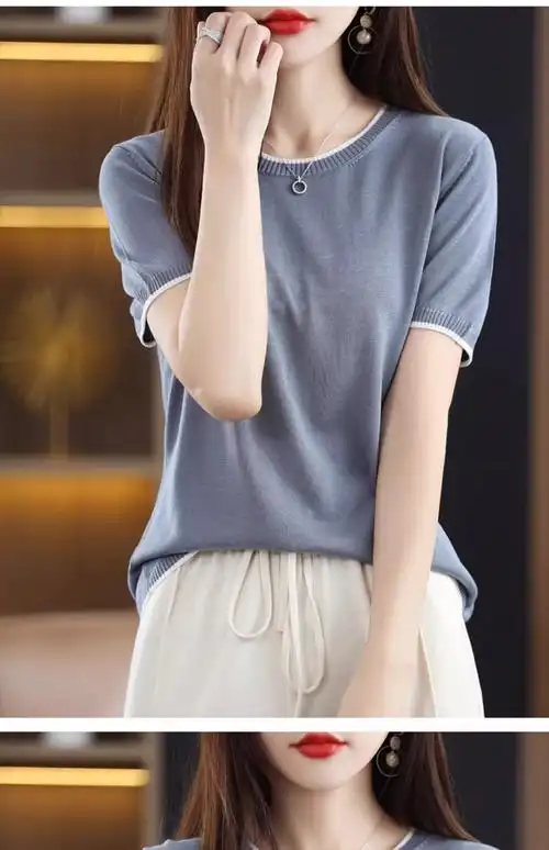 天丝针织圆领短袖t恤女夏季薄款打底衫丝滑简约百搭洋气冰丝短… - 17
