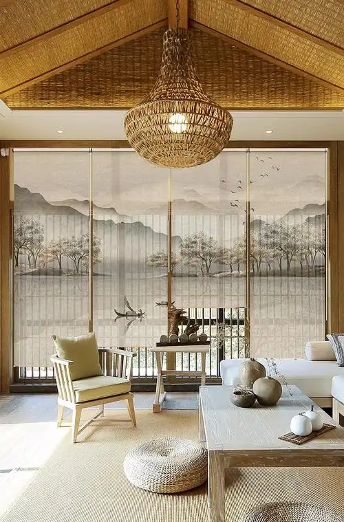 卡慕昂禅意亚麻遮光卷帘窗帘酒店茶楼售楼部新中式日式屏风隔断帘